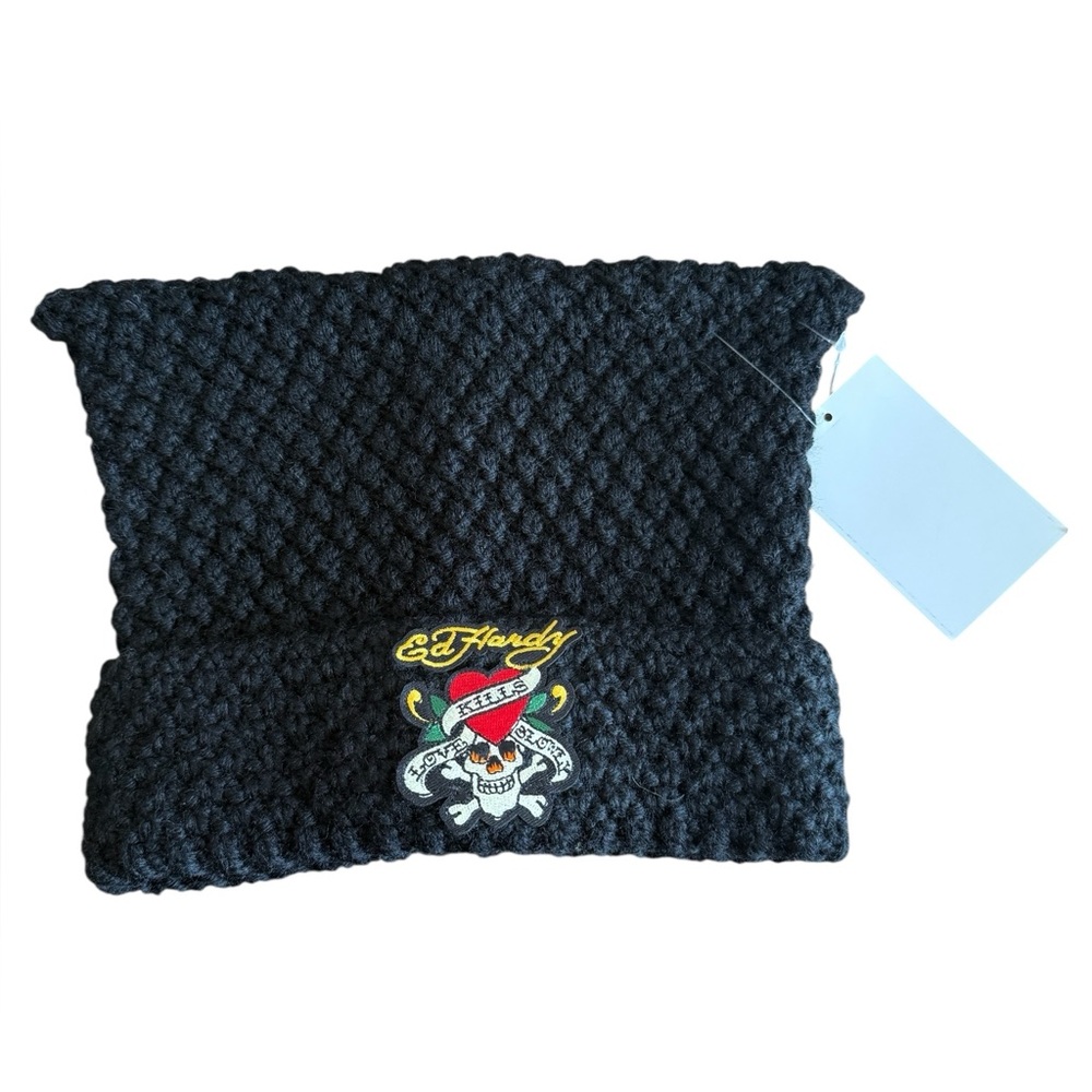 Ed Hardy Dark Knit Hat with Skull Design